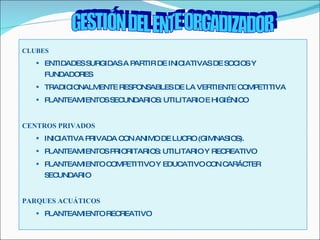 CLUBES ENTIDADES SURGIDAS A PARTIR DE INICIATIVAS DE SOCIOS Y FUNDADORES TRADICIONALMENTE RESPONSABLES DE LA VERTIENTE COMPETITIVA PLANTEAMIENTOS SECUNDARIOS: UTILITARIO E HIGIÉNICO CENTROS PRIVADOS INICIATIVA PRIVADA CON ANIMO DE LUCRO (GIMNASIOS). PLANTEAMIENTOS PRIORITARIOS: UTILITARIO Y RECREATIVO PLANTEAMIENTO COMPETITIVO Y EDUCATIVO CON CARÁCTER SECUNDARIO PARQUES ACUÁTICOS PLANTEAMIENTO RECREATIVO GESTIÓN DEL ENTE ORGADIZADOR 