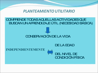 PLANTEAMIENTO   UTILITARIO COMPRENDE TODAS AQUELLAS ACTIVIDADES QUE BUSCAN UN APRENDIZAJE ÚTIL (NECESIDAD BÁSICA) CONSERVACIÓN DE LA VIDA DE LA EDAD INDEPENDIENTEMENTE DEL NIVEL DE  CONDICIÓN FÍSICA  