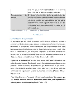 en el otro tipo, la modificación se traduce en un cambio
en la forma que no altera la naturaleza del objeto.
Procedimientos de
servicio
El número y la diversidad de los procedimientos de
servicio son infinitos y se caracterizan primordialmente
porque no pueden ser inventariados, ya que estos
procedimientos varían según la necesidad, el tipo de
organización, sus objetivos y la misma formación de los
administradores.
Fuente: Villalobos (2006) 1 Clasificación de la Producción
CAPÍTULO 2:
2.1 Planificación de la producción
La Planeación es una de las principales funciones que cumple un director o
administrador de operaciones, que a su vez busca cumplir de la mejor manera, con
la demanda ya pronosticada, ajustar las variables que son controlables; tales como
la tasa de producción, niveles de mano de obra, niveles de inventario, trabajo extra,
tasas de subcontratación, etc. El objetivo del proceso es minimizar los costos, las
fluctuaciones en la fuerza de trabajo o inventarios, u obtener un mejor estándar en
el desempeño del servicio brindado. (Caba, Chamorro, & Fontalvo )
El proceso de planificación, de corto como a largo plazo, es el componente más
crítico de todo el sistema. Constituye la base y el vínculo con los demás elementos,
pues es a través del proceso de planificación que determinamos lo que vamos a
hacer, cómo lo vamos a hacer y quién lo va a hacer. Funciona como el centro del
cerebro de una organización y, como tal, razona y comunica. (Welsch, Hilton, &
Gordon, 2005)
Para Caba, Chamorro y Fontalvo la definición de planeación es: ‘’Un proceso que
nos permite definir la cantidad de recursos necesarios para la producción
sobre un rango de tiempo determinado.’’ (pág. 127)
 