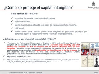 ¿Cómo se protege el capital intangible?
         Características claves:
             Imposible de apropiar por medios tradicionales.
             Fácil de transmitir.
             Coste de producción elevado pero coste de reproducción fijo o marginal.
             Ubicuidad.
             Puede tomar varias formas: puede estar integrado en productos, protegido por
              derechos legales o puede tomar forma de activos organizacionales.

¿Debemos proteger el capital intangible? ¿Cómo?
   “Next came the Patent laws. These began in England in 1624; and, in this country, with the
    adoption of our constitution. Before then [these?], any man might instantly use what
    another had invented; so that the inventor had no special advantage from his own
    invention. The patent system changed this; secured to the inventor, for a limited time, the
    exclusive use of his invention; and thereby added the fuel of interest to the fire of genius, in
    the discovery and production of new and useful things”. Abraham Lincoln
    (http://showcase.netins.net/web/creative/lincoln/speeches/discoveries.htm)
   http://youtu.be/SNUQp1fXU60
   http://www.oepm.es/comun/documentos_relacionados/Publicaciones/Red_Expertos_Iberoamerica
    nos_En_PI/Revista_Red_Expertos_Iberoamericanos_n2.pdf




      Análisis económico de la Propiedad industrial                                                    16/62
 
