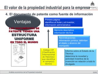 El valor de la propiedad industrial para la empresa
4. El documento de patente como fuente de información
                                               Primera página:
        Ventajas                               identifica al titular y al inventor,
                                               información administrativa
  LOS DOCUMENTOS DE
                                                           Memoria descriptiva:
  PATENTE TIENEN UNA
                                                           información técnica
     ESTRUCTURA
      UNIFORME                                                     Reivindicaciones:
                                                                   información jurídica, delimitan
   EN TODO EL MUNDO                                                el objeto y alcance del
                                                                   monopolio
                                             Código CIP
                                                                          Informe sobre el Estado de la
                                            (Clasificación
                                            Internacional                 Técnica:
                                            de Patentes)                  determina la novedad y
                                            que identifica                actividad inventiva de la
                                             el campo(s)                  invención en relación a todo lo
                                                técnico                   divulgado


  Análisis económico de la Propiedad industrial Omland, May 2009
                                             Nils                                                     32/62
 