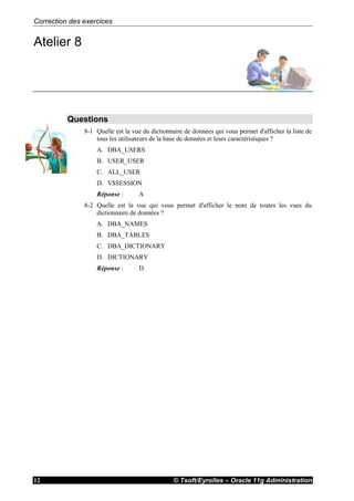 Correction des exercices
© Tsoft/Eyrolles – Oracle 11g Administration12
Atelier 8
Questions
8-1 Quelle est la vue du dictionnaire de données qui vous permet d'afficher la liste de
tous les utilisateurs de la base de données et leurs caractéristiques ?
A. DBA_USERS
B. USER_USER
C. ALL_USER
D. V$SESSION
Réponse : A
8-2 Quelle est la vue qui vous permet d'afficher le nom de toutes les vues du
dictionnaire de données ?
A. DBA_NAMES
B. DBA_TABLES
C. DBA_DICTIONARY
D. DICTIONARY
Réponse : D
 