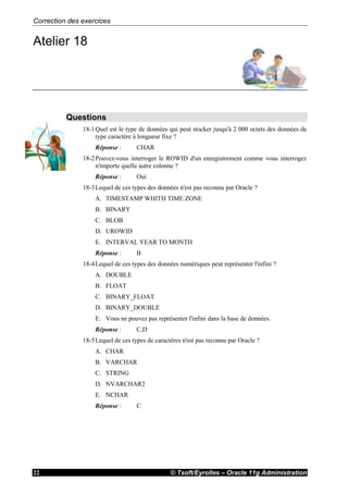 Correction des exercices
© Tsoft/Eyrolles – Oracle 11g Administration22
Atelier 18
Questions
18-1Quel est le type de données qui peut stocker jusqu'à 2 000 octets des données de
type caractère à longueur fixe ?
Réponse : CHAR
18-2Pouvez-vous interroger le ROWID d'un enregistrement comme vous interrogez
n'importe quelle autre colonne ?
Réponse : Oui
18-3Lequel de ces types des données n'est pas reconnu par Oracle ?
A. TIMESTAMP WHITH TIME ZONE
B. BINARY
C. BLOB
D. UROWID
E. INTERVAL YEAR TO MONTH
Réponse : B
18-4Lequel de ces types des données numériques peut représenter l'infini ?
A. DOUBLE
B. FLOAT
C. BINARY_FLOAT
D. BINARY_DOUBLE
E. Vous ne pouvez pas représenter l'infini dans la base de données.
Réponse : C,D
18-5Lequel de ces types de caractères n'est pas reconnu par Oracle ?
A. CHAR
B. VARCHAR
C. STRING
D. NVARCHAR2
E. NCHAR
Réponse : C
 