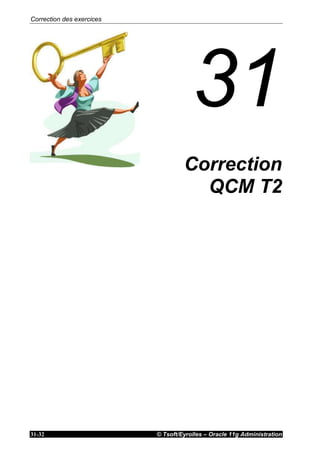 Correction des exercices
© Tsoft/Eyrolles – Oracle 11g Administration31-32
31
Module 31 : Correction
QCM T2
 