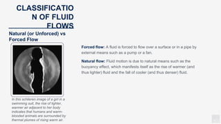 KV
CLASSIFICATIO
N OF FLUID
FLOWS
Forced flow: A fluid is forced to flow over a surface or in a pipe by
external means such as a pump or a fan.
Natural flow: Fluid motion is due to natural means such as the
buoyancy effect, which manifests itself as the rise of warmer (and
thus lighter) fluid and the fall of cooler (and thus denser) fluid.
Natural (or Unforced) vs
Forced Flow
In this schlieren image of a girl in a
swimming suit, the rise of lighter,
warmer air adjacent to her body
indicates that humans and warm-
blooded animals are surrounded by
thermal plumes of rising warm air.
 