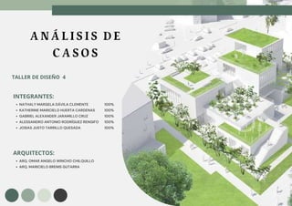 A N Á L I S I S D E
C A S O S
INTEGRANTES:
NATHALY MARGELA DÁVILA CLEMENTE
KATHERINE MARICIELO HUERTA CARDENAS
GABRIEL ALEXANDER JARAMILLO CRUZ
ALESSANDRO ANTONIO RODRÍGUEZ RENGIFO
JOSIAS JUSTO TARRILLO QUESADA
ARQUITECTOS:
ARQ. OMAR ANGELO WINCHO CHILQUILLO
ARQ. MARICIELO BRENIS GUTARRA
100%
100%
100%
100%
100%
TALLER DE DISEÑO 4
 