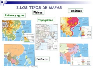 2.LOS TIPOS DE MAPAS Relieve y aguas Topográfico Temáticos Políticos Físicos 
