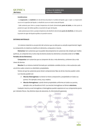 QUIMICA

CURSILLO DE INGRESO 2014

[MATERIA]

CRA-FILIAL CORRIENTES

Consideraciones
- La evaporación y la ebullición son dos formas de producir el cambio de líquido a gas o vapor. La evaporación
ocurre en la superficie del líquido. La ebullición ocurre en toda la masa del líquido.
- Cada sustancia pura tiene su propia temperatura de fusión denominada punto de fusión, en éste punto la
presión de vapor del sólido equilibra a la presión de vapor del líquido.
- Cada sustancia pura tiene su propia temperatura de ebullición denominada punto de ebullición, en éste punto
la presión de vapor del líquido equilibra a la presión exterior.

SISTEMAS MATERIALES

Un sistema material es una porción del universo que se aísla para su estudio experimental. Según
su composición, la materia se clasifica en elemento, compuesto o mezcla.
Elementos: Son sustancias que no pueden descomponerse en sustancias más simples por medios
químicos, se componen de un único tipo de átomo (todos los elementos conocidos están en la Tabla
Periódica de los Elementos).
Compuestos: son sustancias que se componen de dos o más elementos, contienen dos o más
clases de átomos.
Mezclas: Es un sistema material formado por cantidades variables de dos o más sustancias cada
una de las cuales conserva su identidad y propiedades.
Vemos así que las sustancias puras tienen composiciones fijas; las de las mezclas pueden variar.
Las mezclas pueden ser:


Mezclas Heterogéneas: no tienen la misma composición y propiedades en todos sus
puntos. Por ejemplo: arena, roca, madera.



Mezclas Homogéneas: cuando tienen propiedades uniformes en todos sus puntos,
ejemplo: aire, sal disuelta en H2O. Las mezclas homogéneas se llaman soluciones.

Cualquier mezcla ya sea homogénea o heterogénea pueden separarse en sus componentes puros
por métodos físicos. Hay distintos tipos de soluciones. Ej. Aire (solución gaseosa),

5

 