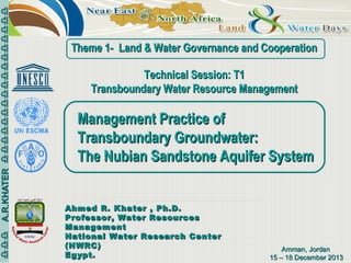 Theme 1- Land & Water Governance and Cooperation
Technical Session: T1
Transboundary Water Resource Management

Management Practice of
Transboundary Groundwater:
The Nubian Sandstone Aquifer System
Ahmed R. Khater , Ph.D.
Professor, Water Resources
Management
National Water Research Center
(NWRC)
Egypt.

Amman, Jordan
15 – 18 December 2013

 
