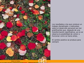 Los resultados a los que conduce un
                   trabajo disciplinado y meticuloso
                   sobre el desarrollo personal son tan
                   gratificantes que, después de una
                   transformación significativa, ya no se
                   observa la posibilidad de volver a
                   funcionar como se hacia antes.

                   El cambio positivo se produce para
                   siempre




Volver al índice
 