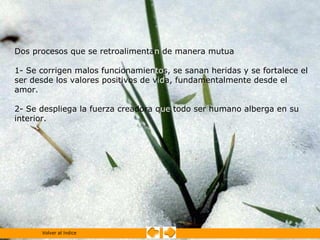 Dos procesos que se retroalimentan de manera mutua

1- Se corrigen malos funcionamientos, se sanan heridas y se fortalece el
ser desde los valores positivos de vida, fundamentalmente desde el
amor.

2- Se despliega la fuerza creadora que todo ser humano alberga en su
interior.




      Volver al índice
 