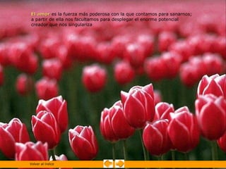 El amor es la fuerza más poderosa con la que contamos para sanarnos;
a partir de ella nos facultamos para desplegar el enorme potencial
creador que nos singulariza




Volver al índice
 