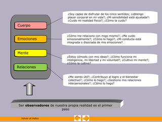 ¿Soy capaz de disfrutar de los cinco sentidos; ¿obtengo
                              placer corporal en mi vida?; ¿Mi sensibilidad está ajustada?:
                              ¿Cuido mi realidad física?; ¿Cómo la cuido?
Cuerpo

                             ¿Cómo me relaciono con migo mismo?; ¿Me cuido
Emociones                    emocionalmente?; ¿Cómo lo hago?; ¿Mi conducta está
                             integrada o disociada de mis emociones?



Mente
                             ¿Estoy cómodo con mis ideas?; ¿Cómo funciona mi
                             inteligencia, mi libertad y mi voluntad?; ¿Cultivo mi mente?;
                             ¿Cómo la cultivo?
Relaciones

                              ¿Me siento útil?; ¿Contribuyo al logro y el bienestar
                              colectivo?; ¿Cómo lo hago?; ¿Gestiono mis relaciones
                              interpersonales?; ¿Cómo lo hago?




 Ser observadores de nuestra propia realidad es el primer
                        paso

  Volver al índice
 
