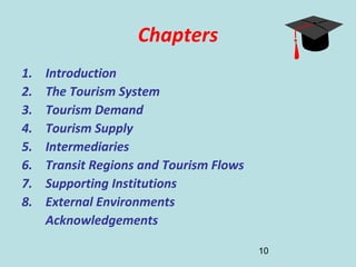 10
Chapters
1. Introduction
2. The Tourism System
3. Tourism Demand
4. Tourism Supply
5. Intermediaries
6. Transit Regions and Tourism Flows
7. Supporting Institutions
8. External Environments
Acknowledgements
 