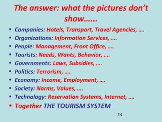 14
The answer: what the pictures don’t
show…...
• Companies: Hotels, Transport, Travel Agencies, ….
• Organizations: Information Services, ….
• People: Management, Front Office, ….
• Tourists: Needs, Wants, Behavior, ….
• Governments: Laws, Subsidies, ….
• Politics: Terrorism, ….
• Economy: Income, Employment, ….
• Society: Norms, Values, ….
• Technology: Reservation Systems, Internet, .…
• Together THE TOURISM SYSTEM
 