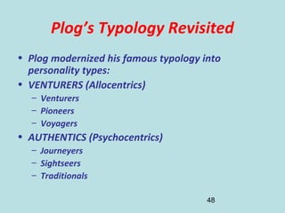 48
Plog’s Typology Revisited
• Plog modernized his famous typology into
personality types:
• VENTURERS (Allocentrics)
– Venturers
– Pioneers
– Voyagers
• AUTHENTICS (Psychocentrics)
– Journeyers
– Sightseers
– Traditionals
 