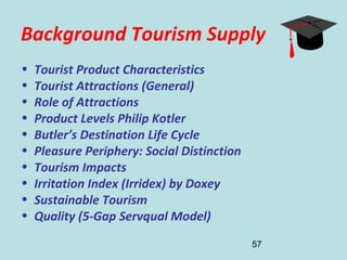 57
Background Tourism Supply
• Tourist Product Characteristics
• Tourist Attractions (General)
• Role of Attractions
• Product Levels Philip Kotler
• Butler’s Destination Life Cycle
• Pleasure Periphery: Social Distinction
• Tourism Impacts
• Irritation Index (Irridex) by Doxey
• Sustainable Tourism
• Quality (5-Gap Servqual Model)
 