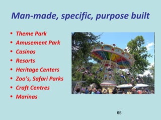 65
Man-made, specific, purpose built
• Theme Park
• Amusement Park
• Casinos
• Resorts
• Heritage Centers
• Zoo’s, Safari Parks
• Craft Centres
• Marinas
 