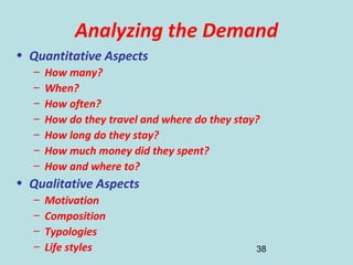 38
Analyzing the Demand
• Quantitative Aspects
– How many?
– When?
– How often?
– How do they travel and where do they sta...