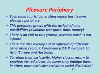 77
Pleasure Periphery
• Each main tourist generating region has its own
pleasure periphery
• This periphery grows with the...