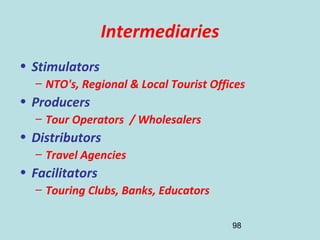 98
Intermediaries
• Stimulators
– NTO's, Regional & Local Tourist Offices
• Producers
– Tour Operators / Wholesalers
• Dis...