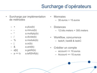 Surcharge d’opérateurs Surcharge par implémentation de méthodes + a.plus(b) - a.minus(b) * a.multiply(b) / a.divide(b) % a.modulo(b) | a.or(b) & a.and(b) a[b] a.getAt(b) a << b a.leftShift(b) Monnaies 30.euros + 15.euros Distances 12.kilo.meters + 300.meters Workflow, concurrence taskA | taskB & taskC Créditer un compte account << 10.euros Account += 10.euros 