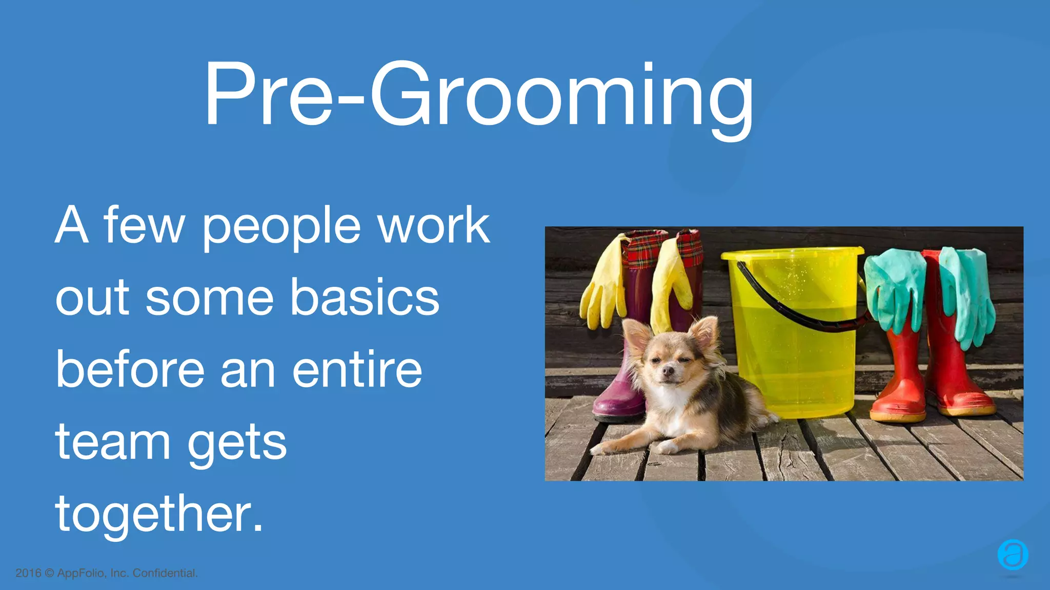 2016 © AppFolio, Inc. Confidential. Pre-Grooming A few people work out some basics before an entire team gets together. 