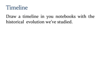Draw a timeline in you notebooks with the
historical evolution we’ve studied.
 