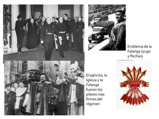El ejército, la
Iglesia y la
Falange
fueron los
pilares más
firmes del
régimen
Emblema de la
Falange (yugo
y flechas)
 
