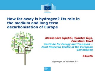 How far away is hydrogen? Its role in
the medium and long term
decarbonisation of Europe
Alessandra Sgobbi, Wouter Nijs,
Christian Thiel
Institute for Energy and Transport –
Joint Research Centre of the European
Commission
E4SMA
Copenhagen, 18 November 2014
 