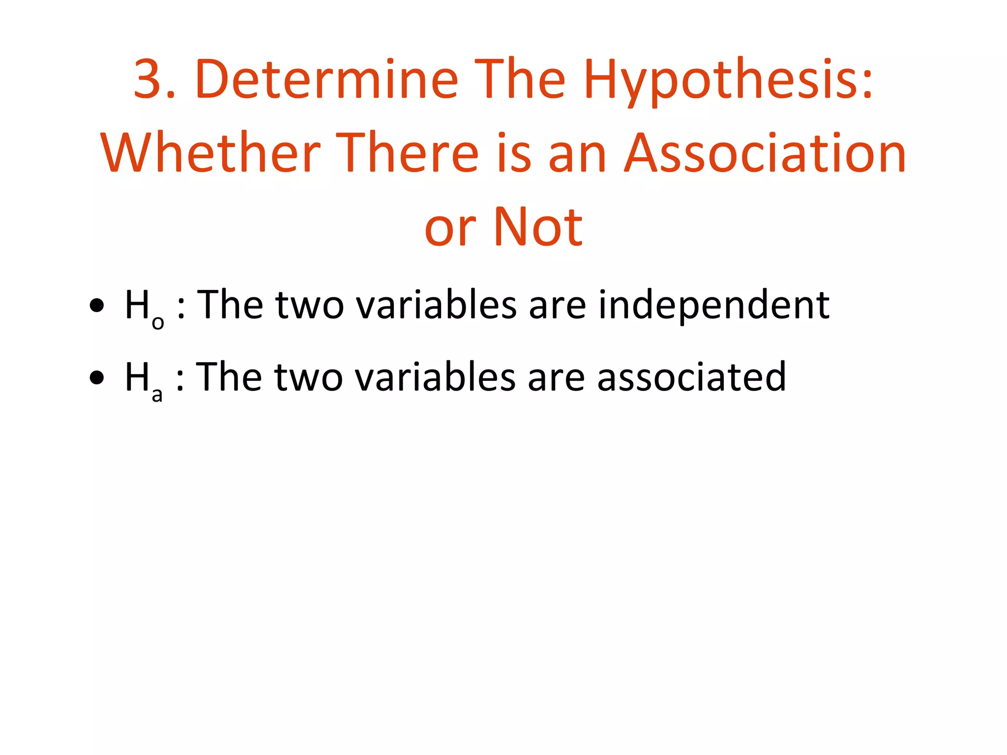 3. Determine The Hypothesis:
Whether There is an Association
            or Not
• Ho : The two variables are independent
• Ha : The two variables are associated
 