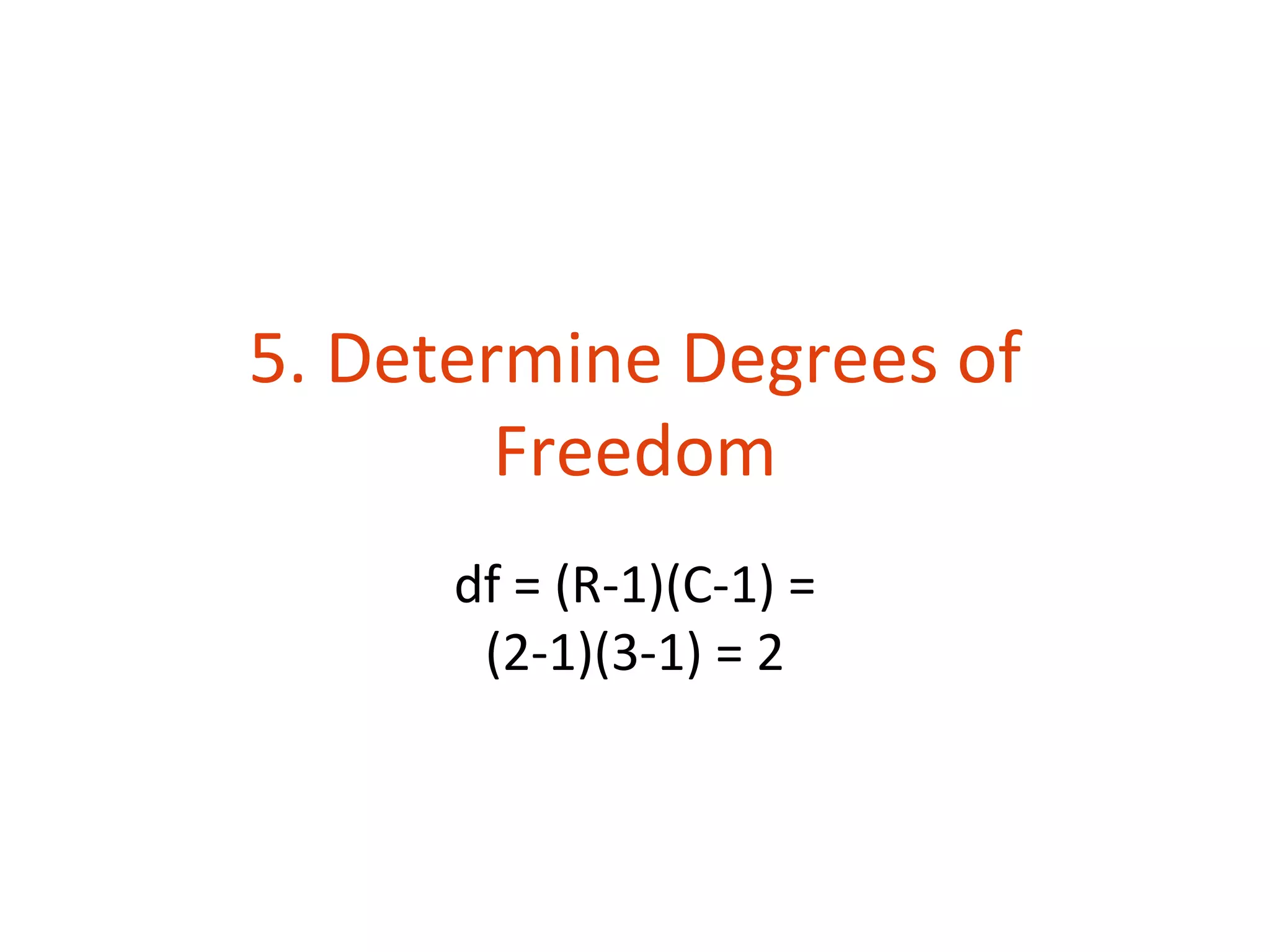 5. Determine Degrees of
        Freedom
      df = (R-1)(C-1) =
       (2-1)(3-1) = 2
 