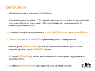 Conclusioni
↘ Gli italiani si mostrano utilizzatori attivi di Twitter


↘ Gli italiani hanno scritto più di 1.900 tweet gi...