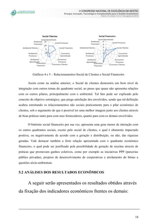VI CONGRESSO NACIONAL DE EXCELÊNCIA EM GESTÃO
Energia, Inovação, Tecnologia e Complexidade para a Gestão Sustentável
Niterói, RJ, Brasil, 5, 6 e 7 de agosto de 2010
18
Gráficos 4 e 5 – Relacionamentos Social de Clientes e Social Financeiro
Assim como na análise anterior, o Social de clientes demonstra um bom nível de
integração com outros temas do quadrante social, ao passo que quase não apresenta relações
com os outros pilares, principalmente com o ambiental. Tal fato pode ser explicado pelo
conceito do objetivo estratégico, que prega satisfação dos envolvidos, sendo que tal definição
acabou estreitando os relacionamentos não sociais praticamente para o pilar econômico de
clientes, sob o argumento de que é possível ter uma melhor imagem junto aos clientes através
de boas práticas tanto para com seus fornecedores, quanto para com os demais envolvidos.
O binômio social financeiro por sua vez, apresenta uma grau menor de interação com
os outros quadrantes sociais, exceto pelo social de clientes, o qual é altamente impactado
positiva, ou negativamente de acordo com a geração e distribuição, ou não, das riquezas
geradas. Vale destacar também a forte relação apresentada com o quadrante econômico
financeiro, o qual pode ser justificado pela possibilidade de geração de receitas através de
práticas que promovam ganhos coletivos, como por exemplo as iniciativas PPP (parcerias
público privadas), projetos de desenvolvimento de cooperativas e atrelamento do bônus a
questões sócio-ambientais.
5.2 ANÁLISES DOS RESULTADOS ECONÔMICOS
A seguir serão apresentados os resultados obtidos através
da fixação dos indicadores econômicos frentes os demais:
 