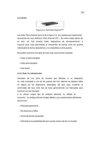 183
4.2.4 HUBS

Figura 4.4. Hub Fibre Channel

[22]

Los Hubs Fibre Channel como el de la figura 4.4, son usados para implementar
conexiones de Lazo Arbitrario Fibre Channel (FC – AL) entre nodos dentro de
un

lazo.

Un

hub

conecta

hosts,

dispositivos

de

almacenamiento,

e

inclusive otros hubs permitiendo el intercambio de tramas entre los puertos
individuales de dichos dispositivos y no ruteándolos a otros puertos.
Se pueden encontrar tres tipos de hubs más comúnmente utilizados:
∗ Hubs no administrables
∗ Hubs administrables
∗ Hub switch
4.2.4.1 Hubs No Administrables
Consisten de una serie

de circuitos que detectan si

un dispositivo

ha sido conectado a uno de los puertos del hub, además de detectar fallos
en alguno de los dispositivos aislándolos del lazo para mantener la
continuidad del lazo. Este tipo de hubs generalmente son fabricados para
funcionar con par trenzado
y no utilizan ningún tipo de software adicional, su utilidad se
encuentra en configuraciones simples debido a sus características deficientes
como lo son:
∗ Dificultad operacional
∗ No tolerancia a fallos
∗ Ancho de banda compartido
∗ Dificultad en la estabilidad del lazo cuando existe más de un iniciador.

 