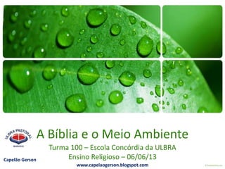 A Bíblia e o Meio Ambiente
Turma 100 – Escola Concórdia da ULBRA
Ensino Religioso – 06/06/13Capelão Gerson
www.capelaogerson.blogspot.com
 