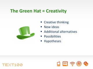 The Green Hat = Creativity

                Creative thinking
                New ideas
                Additional alternatives
                Possibilities
                Hypotheses
 