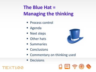 The Blue Hat =
Managing the thinking
    Process control
    Agenda
    Next steps
    Other hats
    Summaries
    Conclusions
    Commentary on thinking used
    Decisions
 