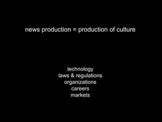 news production = production of culture technology laws & regulations organizations careers markets 