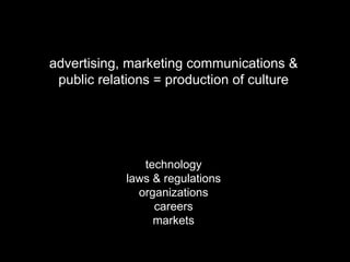 advertising, marketing communications & public relations = production of culture technology laws & regulations organizations careers markets 