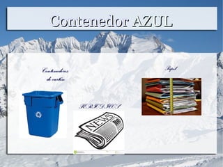 ContenedorContenedor AZULAZUL
ContenedoresContenedores
de cartónde cartón
PapelPapel
PERIODICOSPERIODICOS
 