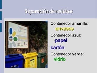 Separación de residuos

           Contenedor amarillo:
             -envases
           Contenedor azul:
            -papel
           cartón
           Contenedor verde:
             vidrio
 