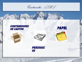 ContenedorContenedor AZULAZUL
CONTENEDORESCONTENEDORES
DE CARTONDE CARTON PAPELPAPEL
PERIODICPERIODIC
OSOS
 