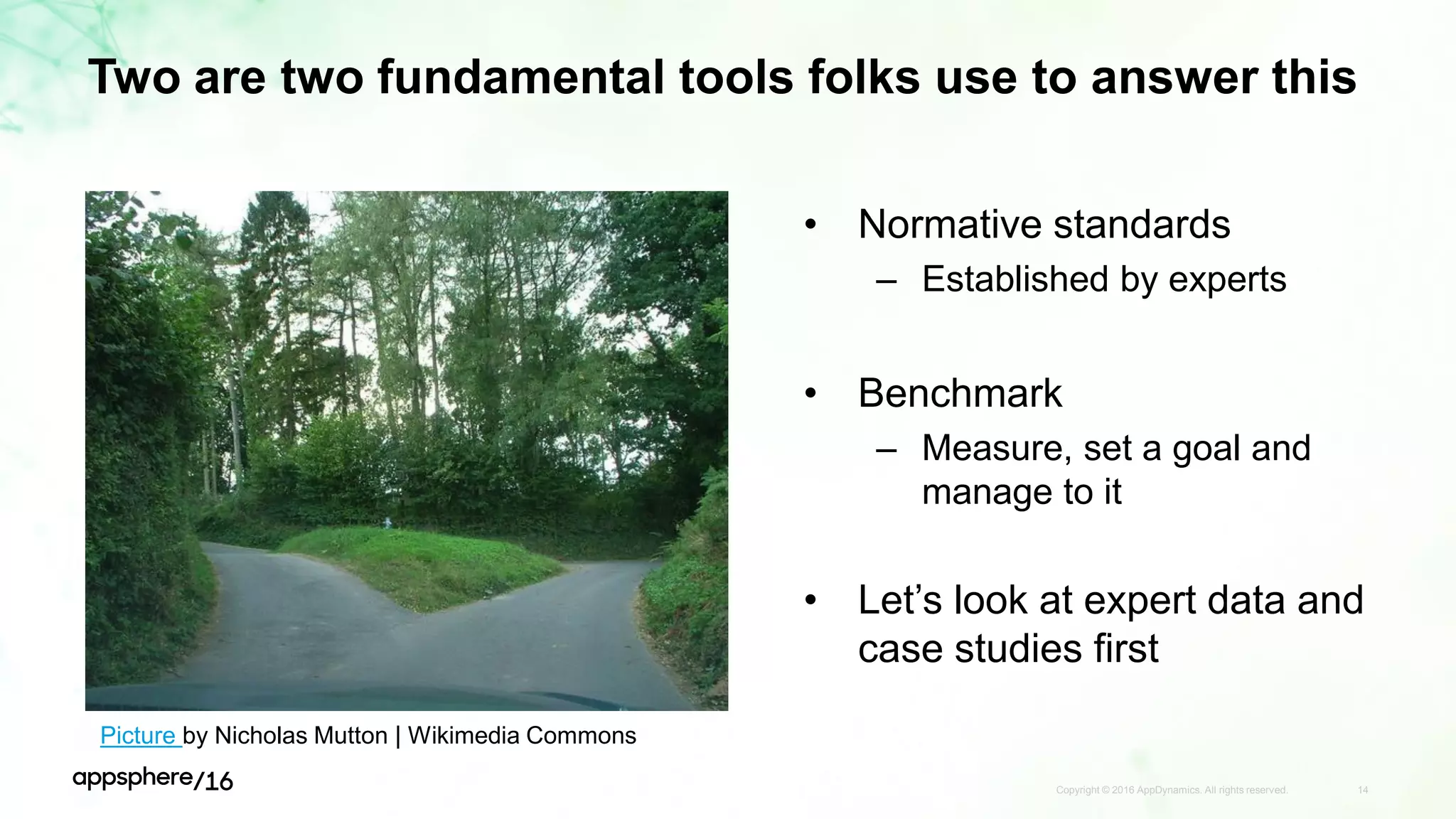 Two are two fundamental tools folks use to answer this
Copyright © 2016 AppDynamics. All rights reserved. 14
• Normative standards
– Established by experts
• Benchmark
– Measure, set a goal and
manage to it
• Let’s look at expert data and
case studies first
Picture by Nicholas Mutton | Wikimedia Commons
 