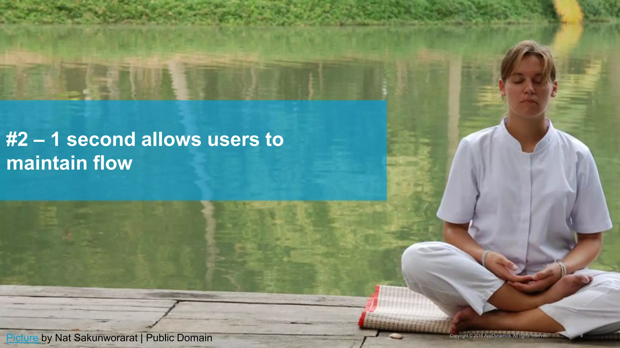 Copyright © 2016 AppDynamics. All rights reserved. 9
#2 – 1 second allows users to
maintain flow
Picture by Nat Sakunworarat | Public Domain
 