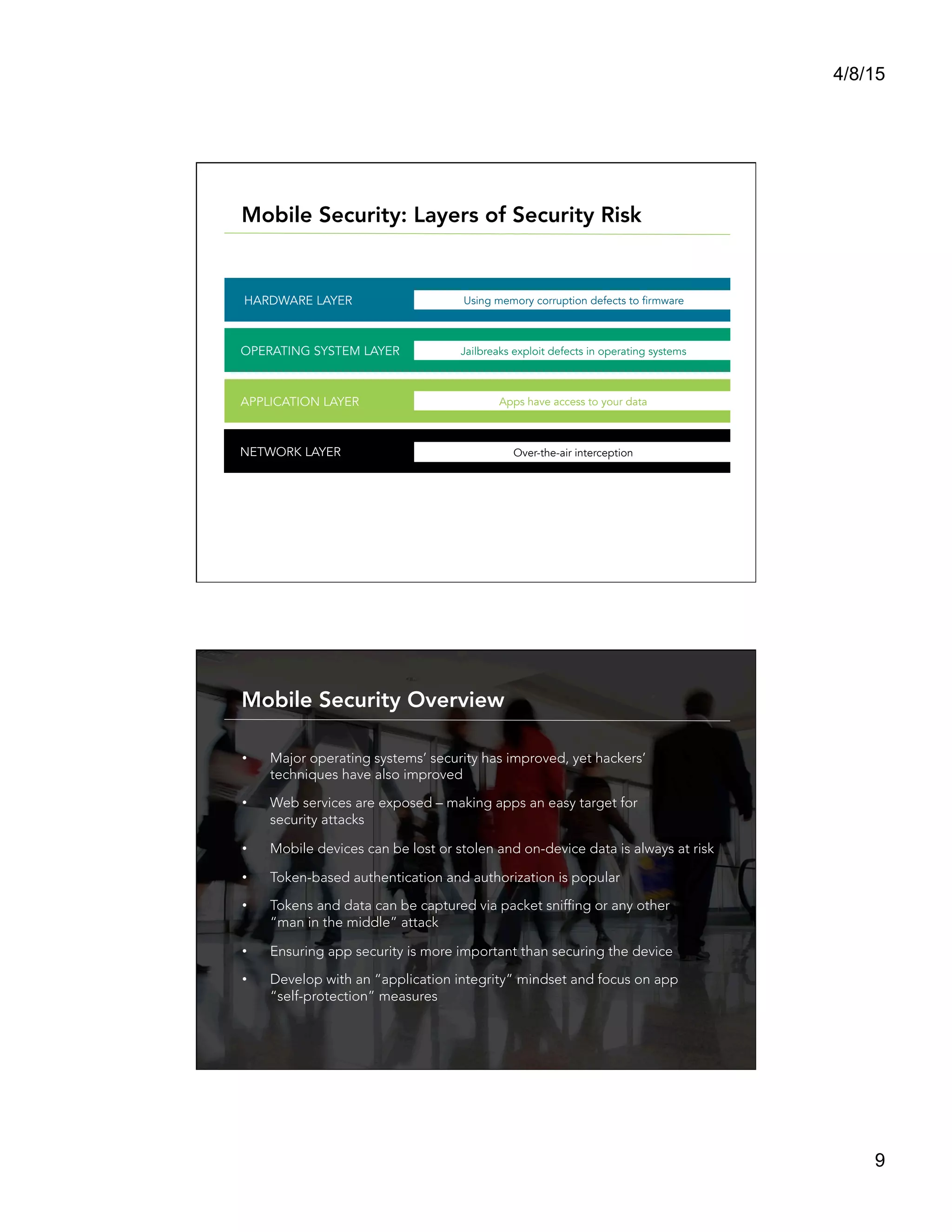 4/8/15
9
HARDWARE LAYER
APPLICATION LAYER
OPERATING SYSTEM LAYER Jailbreaks exploit defects in operating systems
Apps have access to your data
Using memory corruption defects to firmware
NETWORK LAYER Over-the-air interception
Mobile Security: Layers of Security Risk
•  Major operating systems’ security has improved, yet hackers’
techniques have also improved

•  Web services are exposed – making apps an easy target for
security attacks

•  Mobile devices can be lost or stolen and on-device data is always at risk

•  Token-based authentication and authorization is popular

•  Tokens and data can be captured via packet sniffing or any other
“man in the middle” attack

•  Ensuring app security is more important than securing the device

•  Develop with an “application integrity” mindset and focus on app
“self-protection” measures
	
  
Mobile Security Overview
 