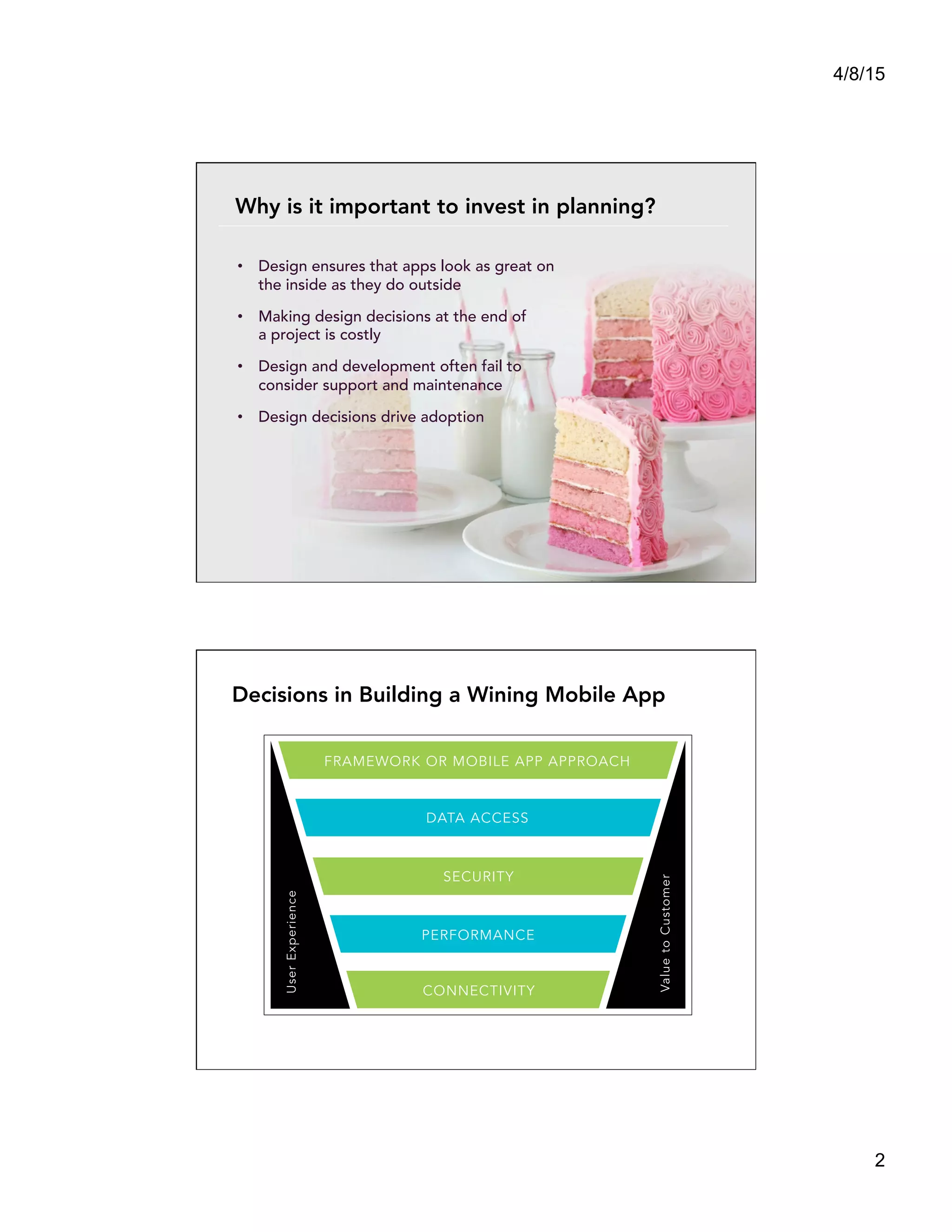 4/8/15
2
•  Design ensures that apps look as great on
the inside as they do outside
•  Making design decisions at the end of
a project is costly
•  Design and development often fail to
consider support and maintenance
•  Design decisions drive adoption
Why is it important to invest in planning?
FRAMEWORK OR MOBILE APP APPROACH
DATA ACCESS
SECURITY
PERFORMANCE
CONNECTIVITY
Decisions in Building a Wining Mobile App
ValuetoCustomer
UserExperience
 