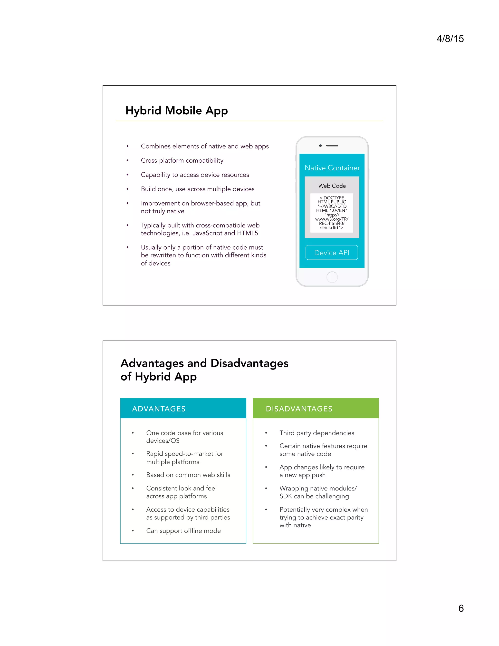 4/8/15
6
•  Combines elements of native and web apps
•  Cross-platform compatibility
•  Capability to access device resources
•  Build once, use across multiple devices
•  Improvement on browser-based app, but
not truly native
•  Typically built with cross-compatible web
technologies, i.e. JavaScript and HTML5
•  Usually only a portion of native code must
be rewritten to function with different kinds
of devices
	
  
Hybrid Mobile App
Device API
Native Container
<!DOCTYPE
HTML PUBLIC
"-//W3C//DTD
HTML 4.0//EN"
"http://
www.w3.org/TR/
REC-html40/
strict.dtd">
Web Code
ADVANTAGES DISADVANTAGES
•  One code base for various
devices/OS
•  Rapid speed-to-market for
multiple platforms
•  Based on common web skills
•  Consistent look and feel
across app platforms
•  Access to device capabilities
as supported by third parties
•  Can support offline mode
•  Third party dependencies
•  Certain native features require
some native code
•  App changes likely to require
a new app push
•  Wrapping native modules/
SDK can be challenging
•  Potentially very complex when
trying to achieve exact parity
with native
Advantages and Disadvantages
of Hybrid App
 