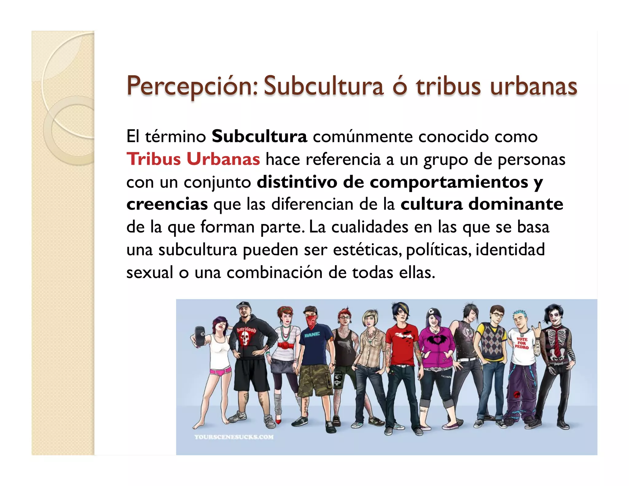 Percepción: Subcultura ó tribus urbanas 
El término Subcultura comúnmente conocido como Tribus Urbanas hace referencia a un grupo de personas con un conjunto distintivo de comportamientos y creencias que las diferencian de la cultura dominante de la que forman parte. La cualidades en las que se basa una subcultura pueden ser estéticas, políticas, identidad sexual o una combinación de todas ellas. 
 