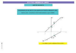 GIRO DE UNA RECTA
r´
e´-A´
e´´
A´´
B´´
B´
2. Se elige un punto cualquiera B de la recta r
CONVERSIÓN DE UNA RECTA CUALQUIERA EN FRONTAL MEDIANTE GIRO.
Dada la recta r, convertirla en recta frontal mediante un giro. (3 de 6)
r´´
Vr´´
Hr´
DT II T8. S. DIÉDRICO I. INTERSECCIONES ENTRE PLANOS Y RECTASDT II T8. S. DIÉDRICO I. INTERSECCIONES ENTRE PLANOS Y RECTASDT II T10 S. DIÉDRICO III. GIROS
 